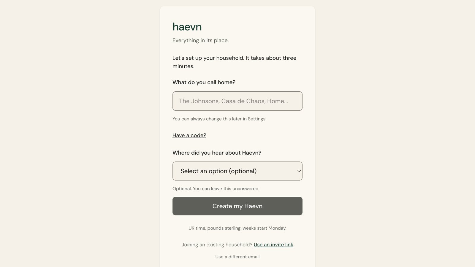Name your home: Haevn starts with one question. The Carters type their household name.